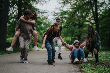 A cheerful group enjoying a playful moment in a park, demonstrating friendship and happiness.