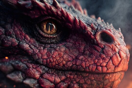 Highly detailed close-up of a red dragon&rsquo;s eye, showcasing its textured scales, horns, and fantasy creature realism.
