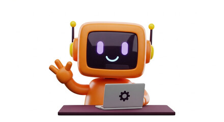 Orange Robot with Laptop Waving Hi - AI Assistant