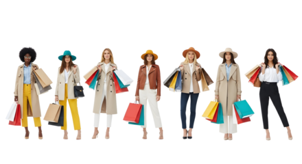Fashionable women with shopping bags, showcasing stylish outfits and accessories in a studio setting