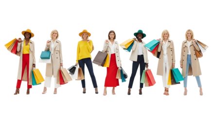 A diverse group of women in fashionable outfits, carrying shopping bags, enjoying a day of retail therapy