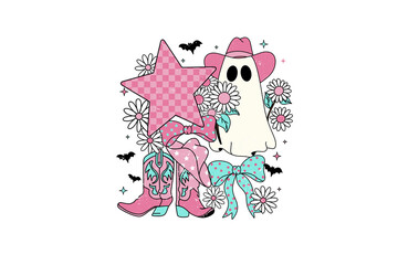 Cute Western Cowgirl Ghost with Pink Cowboy Hat and Boots sublimation t shirt design
