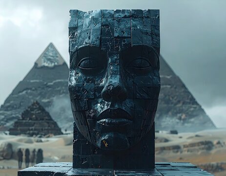 Ancient colossal stone face sculpture with pyramids in a desert landscape.