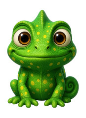 Fototapeta premium Cartoon chameleon with big eyes, green skin, yellow spots, and a playful expression.