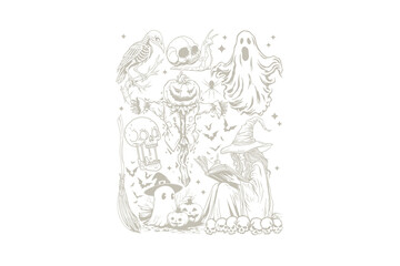 Halloween characters illustration featuring a spooky collection of ghosts, skeletons, and pumpkins Sublimation Design