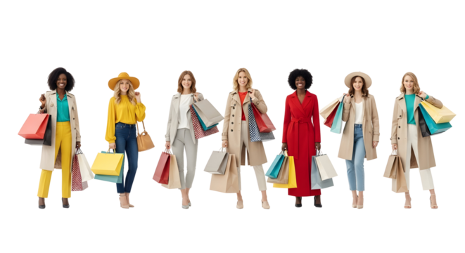 A Diverse Group of Fashionable Women Enjoying a Shopping Spree with Numerous Bags