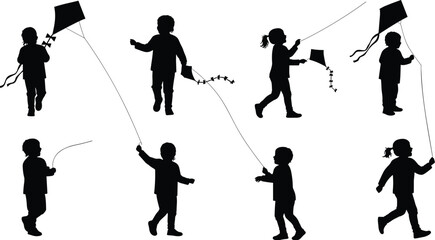 Silhouette children flying kites outdoors in summer sky, playful kids activity, happy childhood leisure, freedom, festival celebration, vector illustration design