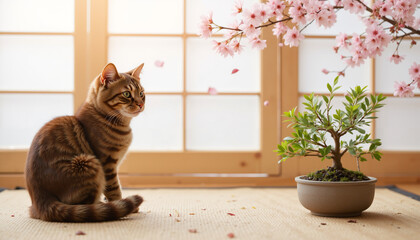 Tabby cat sitting beside bonsai plant and cherry blossoms indoors  