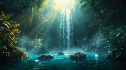 Mystical Jungle Waterfall with Floating Glowing Crystals, Generative AI Illustration part 2