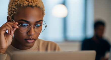 African American Woman with Glasses Working on Laptop - Stock Photo