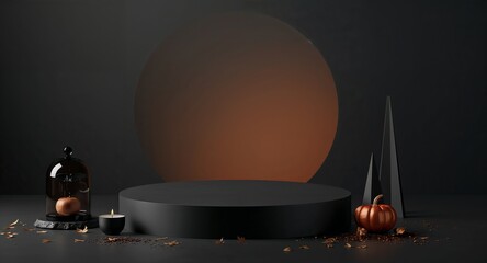Spooky autumn podium with candle, trees, and mini pumpkins, Generated AI