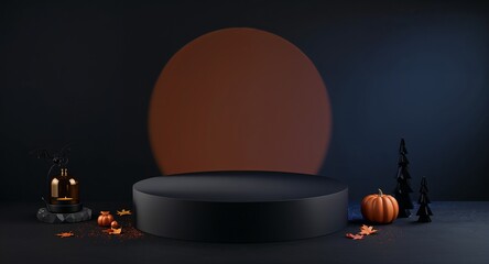 Halloween product mockup with orange sun and matte platform, Generated AI