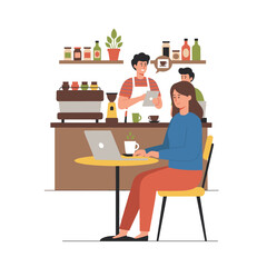 A coffee shop or caf&eacute; where patrons sit at tables, sipping coffee while working on laptops, and a barista stands at the counter