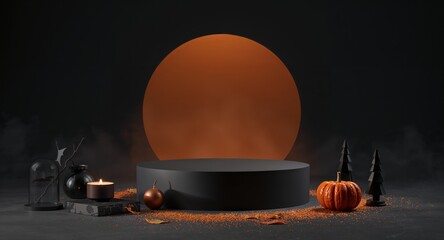 Minimal black pedestal with jack o lantern decor and candle, Generated AI