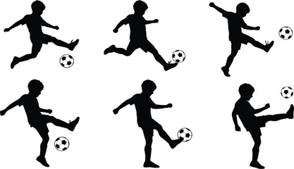 Silhouette children playing soccer with ball, dynamic football poses, kids sports activity illustration, teamwork concept, outdoor game vector design art