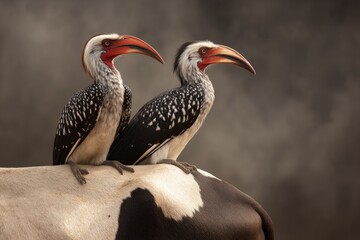 Obraz premium Two hornbills perched on an animal's back