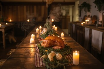 Golden roasted turkey steams warmly in rustic farmhouse kitchen with candlelight glow