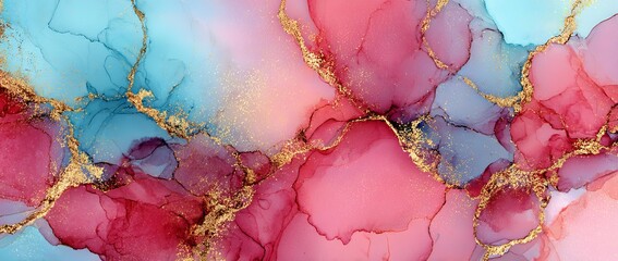 The background consists of an abstract teal and red faux marble texture with gold veins and cloudy pastel ink overlays