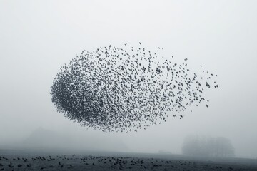 A large flock of birds in a misty sky