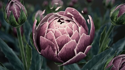 Stylized Artichoke Bud with Floating Petals