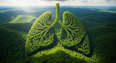 A lush green forest shaped like human lungs, seen from above, symbolizing Earth as the lungs of the world, natural sunlight, high-resolution aerial photography, environmental conservation concept, rea