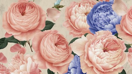 Elegant Floral Pattern with Pink Roses and Blue Peonies