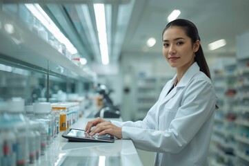 Pharmacist in white coat counts pills under bright fluorescent pharmacy lights