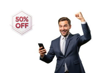 Man in a business suit happy about 50% discounts