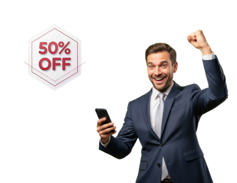 Man in a business suit happy about 50% discounts - Powered by Adobe