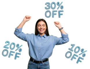 Young woman in a blue shirt and jeans happy about 10%, 30%, 40% and 50% discounts