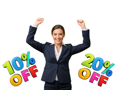 Woman in a blue suit joyfully raising her hands up, happy about 10% and 20% discounts