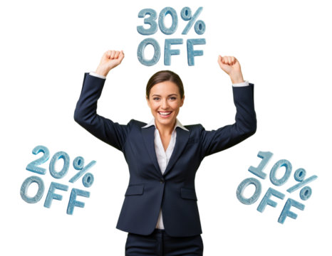Woman in a blue suit joyfully raising her hands up, happy about 10%, 20% and 30% discounts