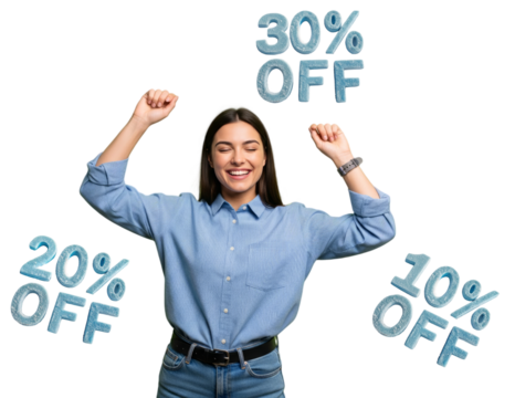 Young woman in a blue shirt and jeans happy about 10%, 30%, 40% and 50% discounts