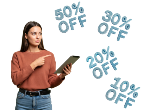 Girl with a tablet pointing at seasonal discounts - Powered by Adobe