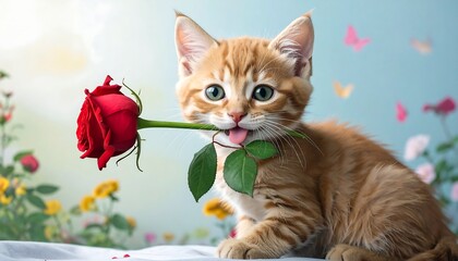 Adorable ginger kitten holding a red rose in its mouth on a floral background