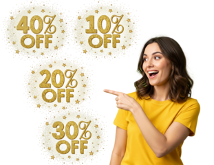 Girl in yellow joyfully pointing at a large number of discounts