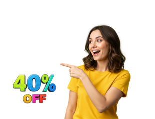 Girl in yellow joyfully pointing at 40% discounts