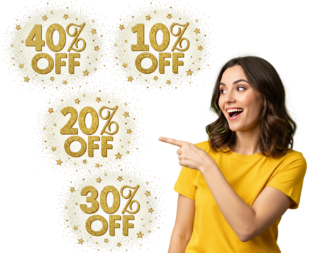 Girl in yellow joyfully pointing at a large number of discounts