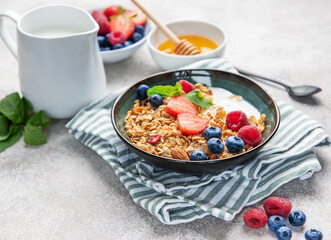 Granola bowl with yogurt, berries, and mint for breakfast