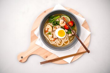 Generative AI nourishing noodle soup with shrimp and egg presentation.