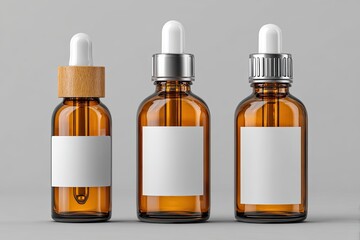 Three amber glass dropper bottles with blank labels on a gray background (1)