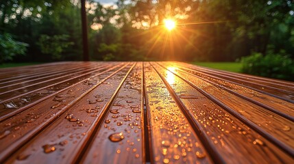 Close-up of a wet wooden picnic table at sunset