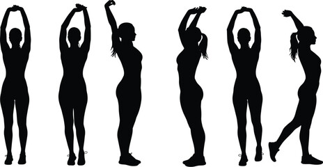 Silhouette fitness stretching poses with arms raised, exercise illustration, healthy lifestyle concept, workout vector design, yoga posture, wellness training art
