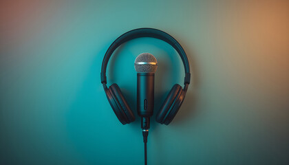 Black microphone with headshot surrounded by headphones on teal to orange gradient background in modern professional studio setup