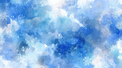 Fototapeta premium A vivid watercolor wash in shades of blue and white with snow like splatters, resembling a snowy sky or frosty clouds, perfect for seasonal designs and festive themes.