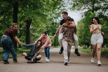 A group of young friends spends joyful time outdoors, laughing and engaging in playful activities together in a green park.