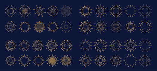 Simple geometric exploding festive fireworks isolated on blue background. Christmas elements for holiday, flyer, greeting card. Decorative backdrop for New Year. Isolated Vector EPS10