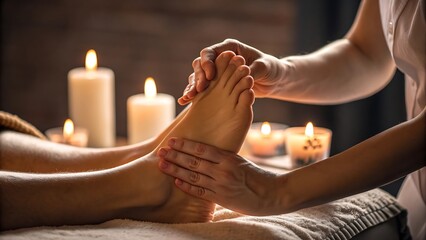 Relaxing foot massage with candles for wellness and spa treatment