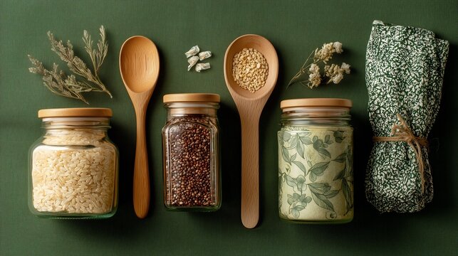 A rustic kitchen flat lay featuring glass jars filled with grains and spices, a wooden spoon, and a textured green linen cloth, emphasizing zero-waste living. - Powered by Adobe