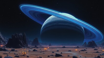 A captivating view of a ringed planet from a desolate alien landscape